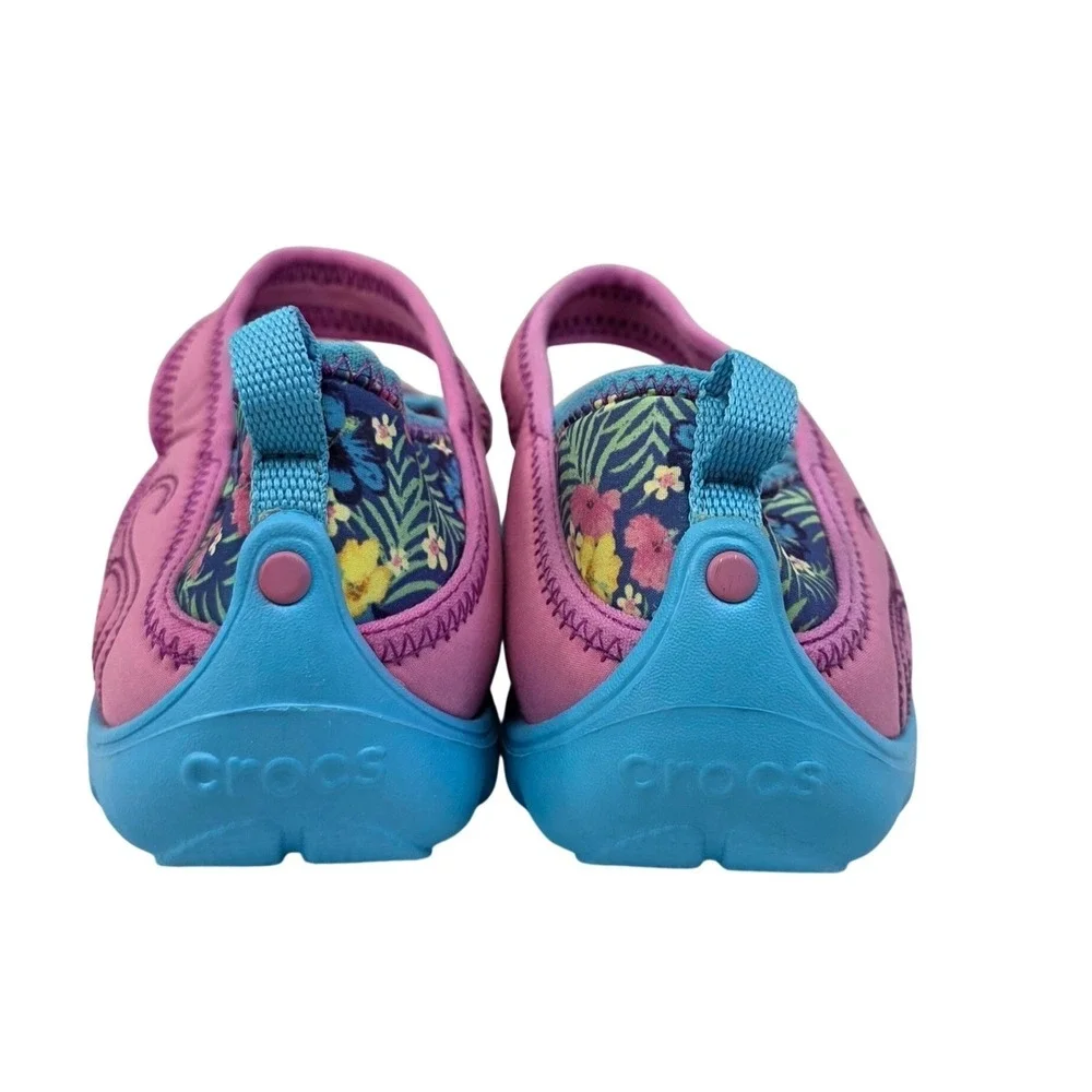 Crocs Mary Jane Flats Girls Floral Print Pink Blue Rubber Shoes Size 13